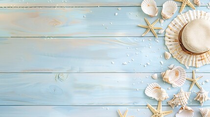 Beautiful summer holiday beach background with some accessories and shells on white wood panel top view panoramic banner with copy space : Generative AI