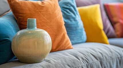 Colorful pillows on a sofa with little vase in foreground : Generative AI