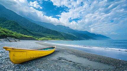 Taiwan's beautiful seaside scenery canoe parked  - obrazy, fototapety, plakaty