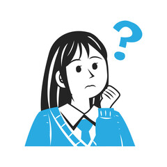 クエスチョンマークを浮かべるスクールセーターを着た高校生の顔。シンプルなベクターイラスト。 Face of a high school student wearing a school sweater, with a question mark beside. Simple vector illustration.