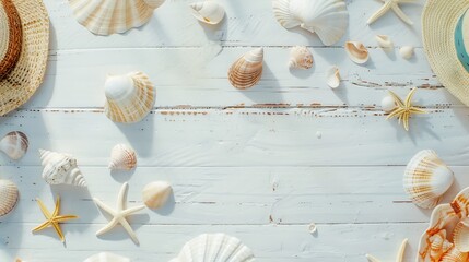 Beautiful summer holiday beach background with some accessories and shells on white wood panel border design on top view with copy space : Generative AI