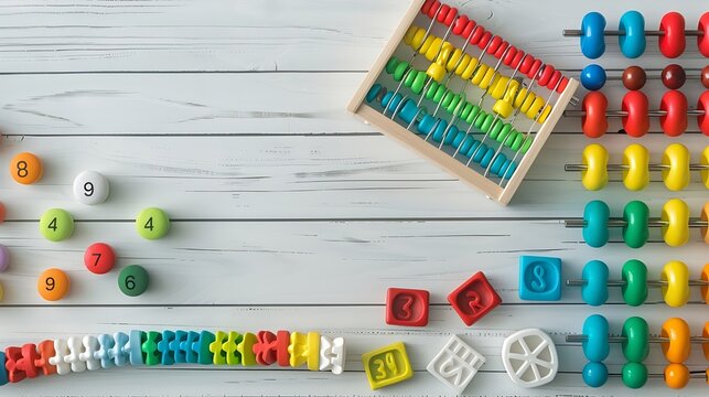 Math game with numbers and colorful toy abacus on white wooden table flat lay : Generative AI
