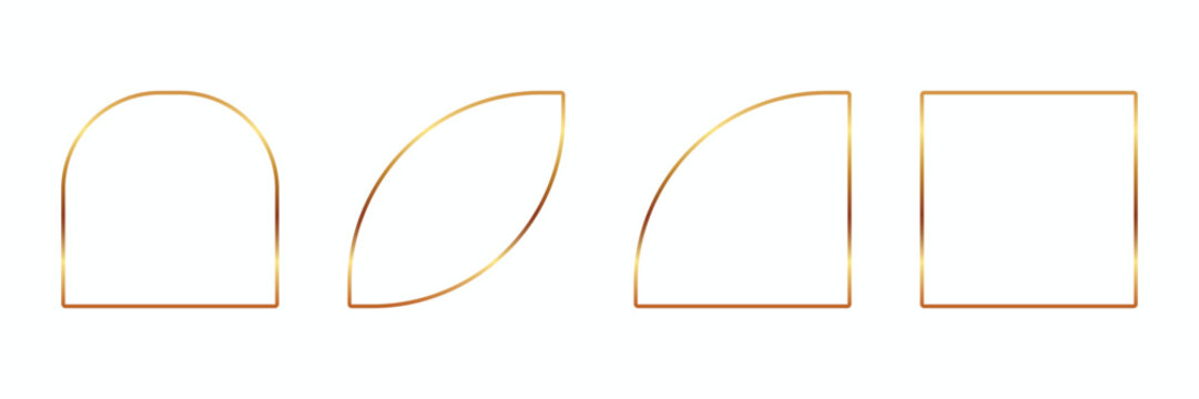 Golden thin frames set. Gold geometric borders in art deco style. Thin linear arch and curved shape collection. Yellow glowing shiny boarder element pack.