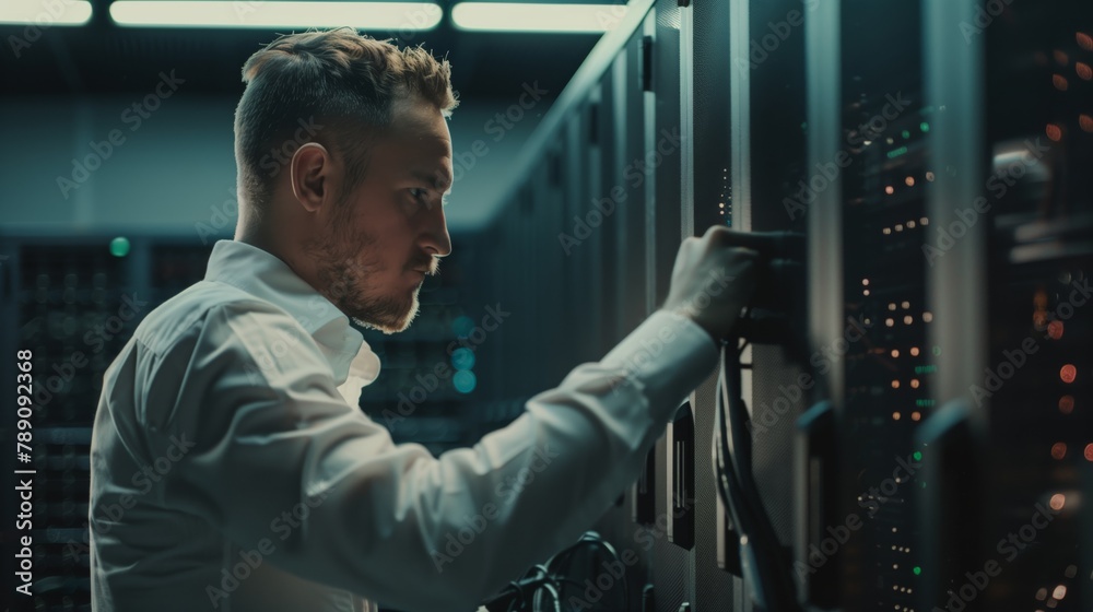 Poster A male technician in the data center is responsible for analyzing and verifying effectiveness infrastructure, carrying out continuous monitoring and improvement of data storage and protection systems.