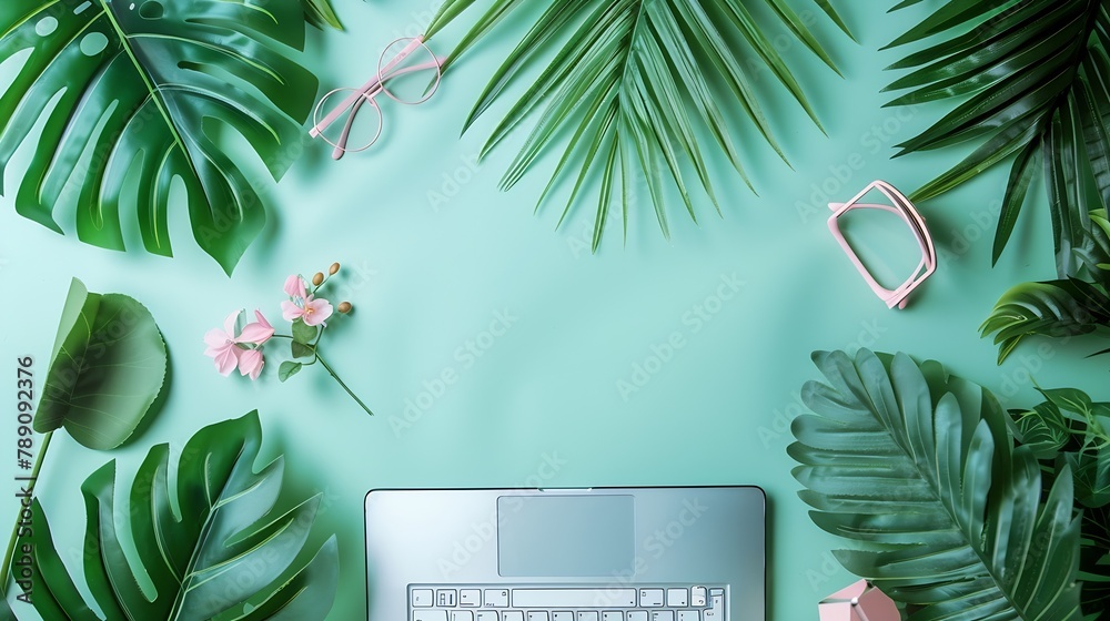 Poster home office workspace frame with laptop palm leaf and accessories flat lay top view : generative ai