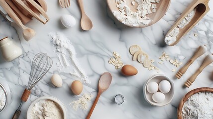 Fototapeta na wymiar Ingredients and tools for baking flat lay on marble table : Generative AI