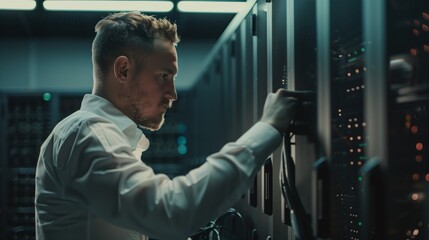 A male technician in the data center is responsible for analyzing and verifying effectiveness infrastructure, carrying out continuous monitoring and improvement of data storage and protection systems.