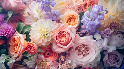 Creative layout made of various flowers Flat lay bouquet Love concept : Generative AI