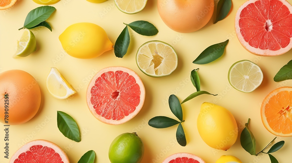 Aufkleber creative background made of summer tropical fruits with leaves grapefruit orange tangerine lemon lim