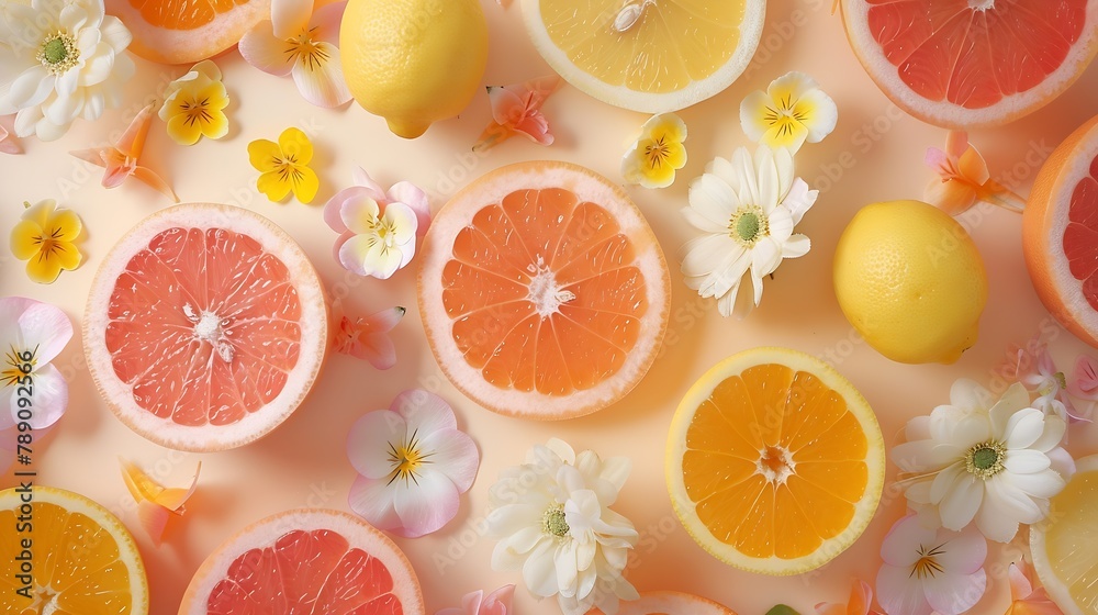 Poster colorful food pattern made of lemon orange grapefruit and flowers flat lay : generative ai