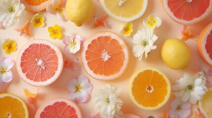 Colorful food pattern made of lemon orange grapefruit and flowers Flat lay : Generative AI