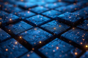 Close-up image highlighting blue cubes with a selective focus that reveals intricate details and sparkles