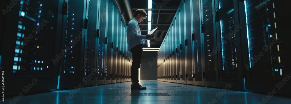 Poster a competent and experienced male engineer in the data center is responsible for the effective manage