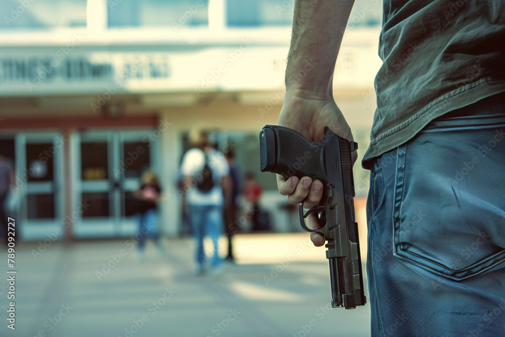 Wall mural Back view of young man with a pistol gun standing in front of a high school building in blurry background - Wall murals