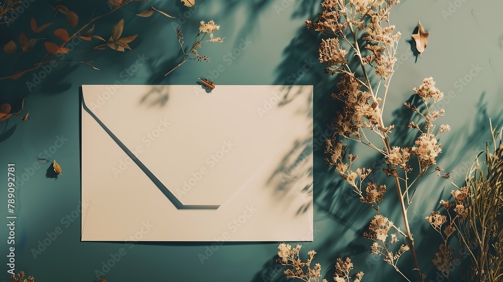 Poster white blank card craft envelope and dry flowers plant on green background top view flat lay mockup c