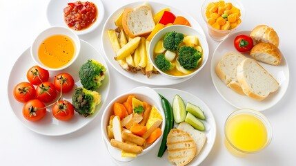 Cute plates with a variety of childrens food Vegetables soup french fries bread and juice Creative serving for baby  Concept of kids menu nutrition and feeding : Generative AI