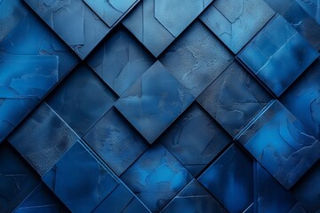 A close-up detail showing the dark blue geometric tiles with a weathered and cracked surface texture