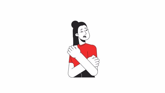 Scared woman crying line 2D character animation. Strong panic attack flat color cartoon 4K video, alpha channel. Young female expressing emotional damage animated person on white background