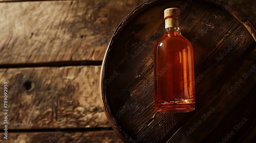 Poster bottle with rum cognac or whiskey over old wooden barrel top view flat lay with copy space : generat