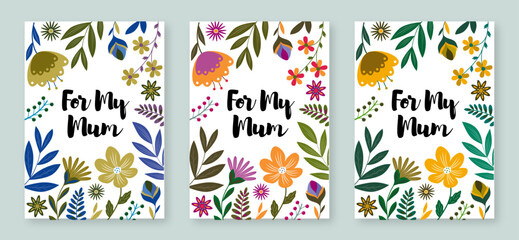 Fototapeta na wymiar Set of Mother's Day postcards with whimsical flowers illustrations