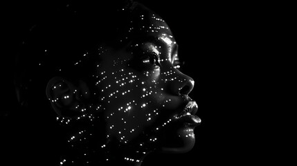 a woman's face is shown with dots in the shape of a head and a line of dots in the shape of a woman's head. - obrazy, fototapety, plakaty