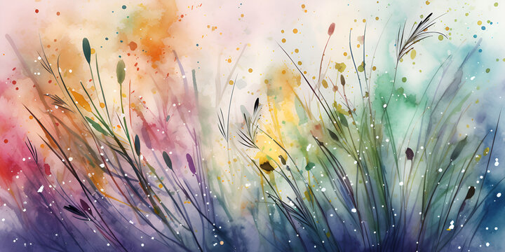 Blooming wild grass and herbs, watercolor drawing. Border of meadow flowers, wildflowers and plants.
