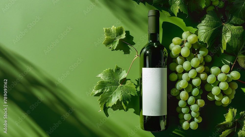 Poster red wine bottle with white label mockup with bunch of primitivo grape green fall grapes leaves conce