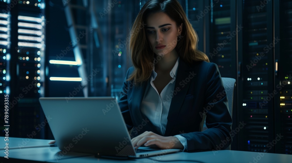 Poster A technician behind a laptop improves data security systems in the data center, providing reliable protection against cyber threats and implementing strategies to control access to information.