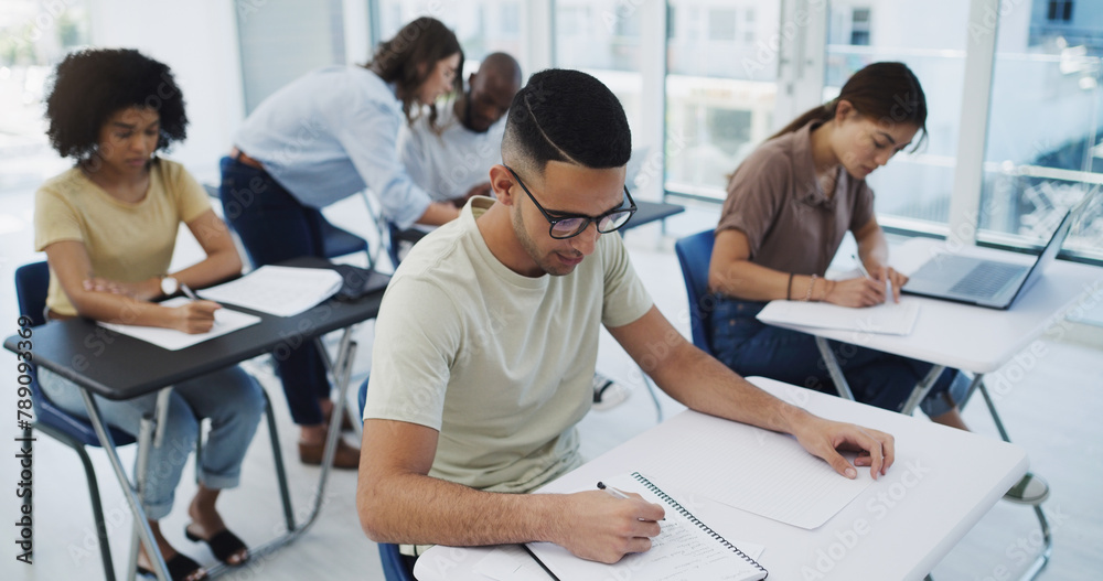 Poster Education, exam and university students with diversity in classroom for learning, test or studying. Young people, writing and college learner together for scholarship for future career or development