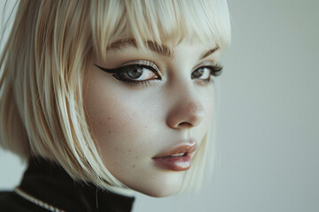 Portrait of young attractive woman with blond hair with bob hairstyle with bangs and black thick eyeliner makeup