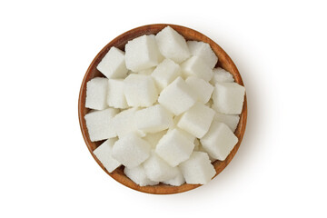 White sugar cubes in wooden bowl on white background