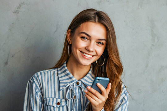 Trendy and cool young woman smiling and holding a smartphone on a clean background