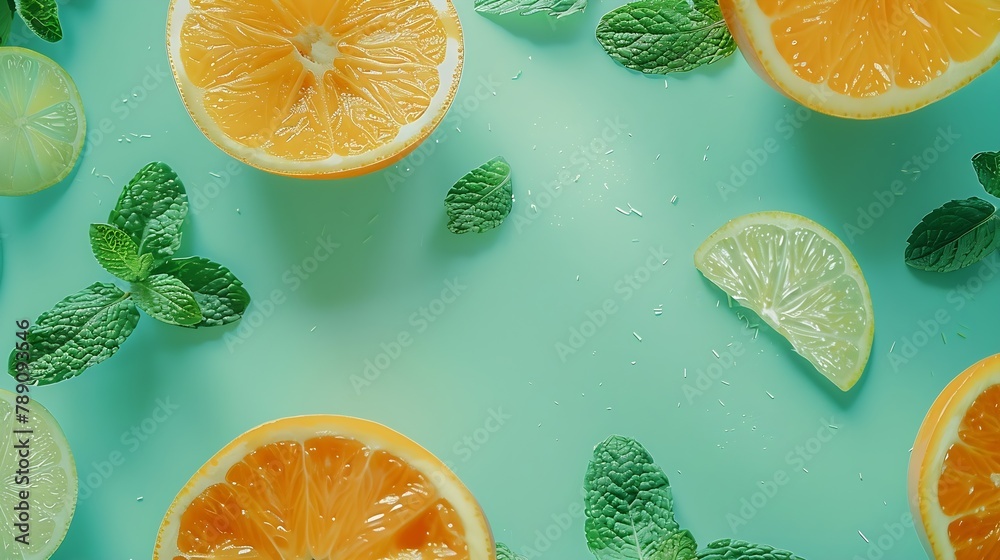 Aufkleber Top view of citrus slices and mint herbs frame on retro mint pastel background with copyspace Minimal fruit concept design : Generative AI