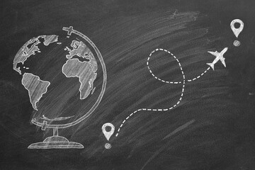Time to travel. A chalk drawn illustration of a world globe on a blackboard, and airplane following a path marked with location pins suggesting a travel or education concept.