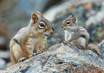 Obraz premium Mother and baby squirrel sitting on granite rock.