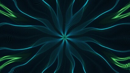 A kaleidoscopic pattern with a flowing blue green fractal wave. Full HD and looping glowing neon waves abstract background.