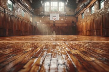 An empty basketball court inside a vintage gym with high ceilings and natural light filtering in