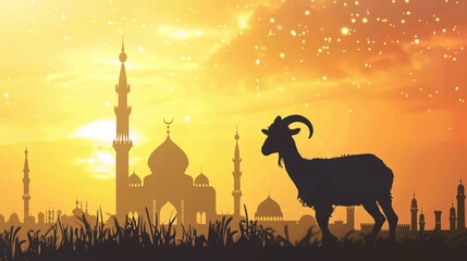 Eid Al Adha poster of goat silhouette against mosque backdrop, ample text space for your message.