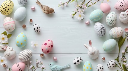 Beautiful Easter background with traditional decor Decorative eggs birds and rabbits Modern hard light dark shadow white boards flat lay top view : Generative AI