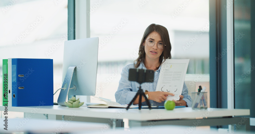 Poster portrait, professor and woman with smartphone, video call and live streaming for education and expla