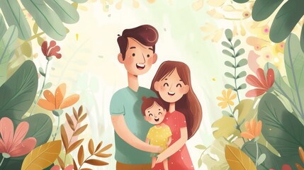 Young family embraced in lush illustrated garden, symbolizing love and care on Global Day of Parents. illustration of happy family encircled by vibrant life of garden - obrazy, fototapety, plakaty
