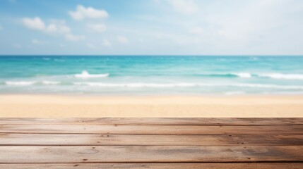 Fototapeta premium Empty wooden planks with blur beach on background, can be used for product placement, palm leaves on foreground