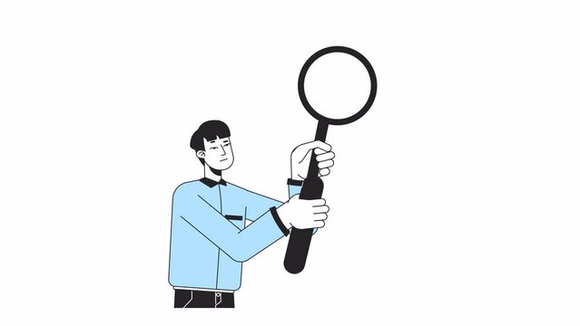 Asian man using magnifying glass line 2D character animation. Conducting investigation flat color cartoon 4K video, alpha channel. Korean male researcher animated person on white background