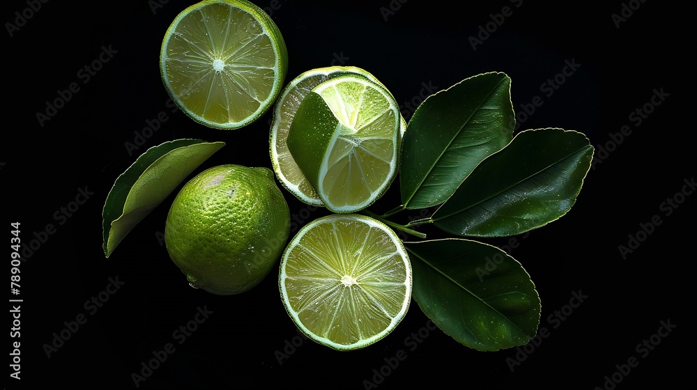 Poster Group lime with sliced and green leaf on black dark background  top view  flat lay : Generative AI