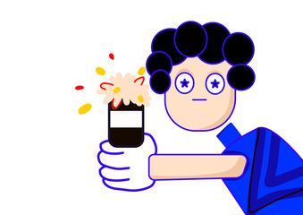 Funny cartoon character of man with blow up phone, trendy retro cartoon style. Vector illustration