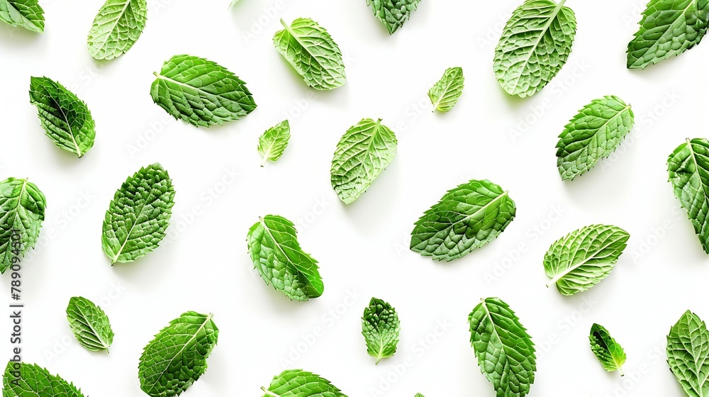 Poster Mint leaves pattern isolated on white background  top view  flat lay : Generative AI