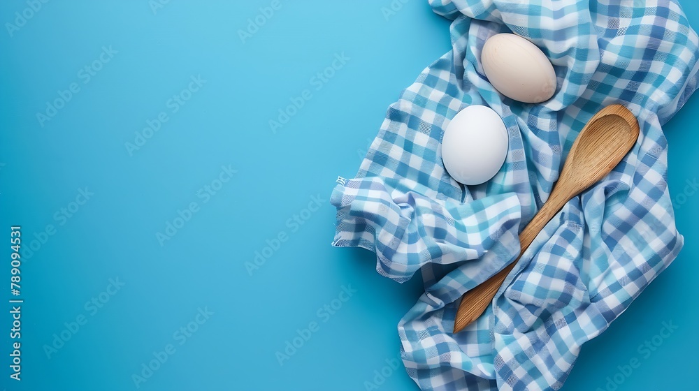 Poster kitchen table cloth cooking towel on blue background top view flat lay with copy space : generative 