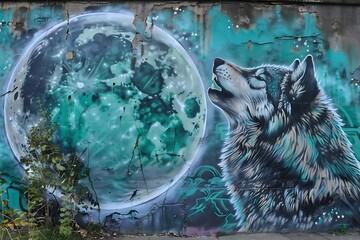 : A stylized graffiti mural of a wolf howling at the moon,