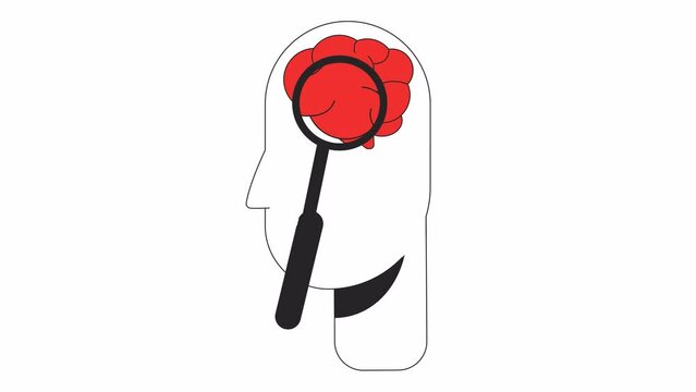 Studying human brain with magnifying glass line 2D character animation. Psychology flat color cartoon 4K video, alpha channel. Patient at psychotherapy animated person head on white background