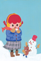 雪だるまを作る女性のイラスト